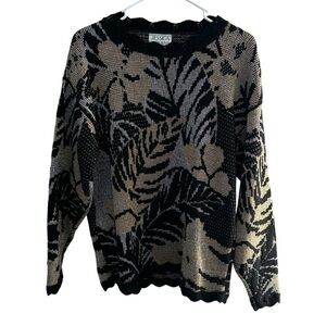 Vintage Black With Gold Silver Metallic Floral Design Sweater Scalloped Edges